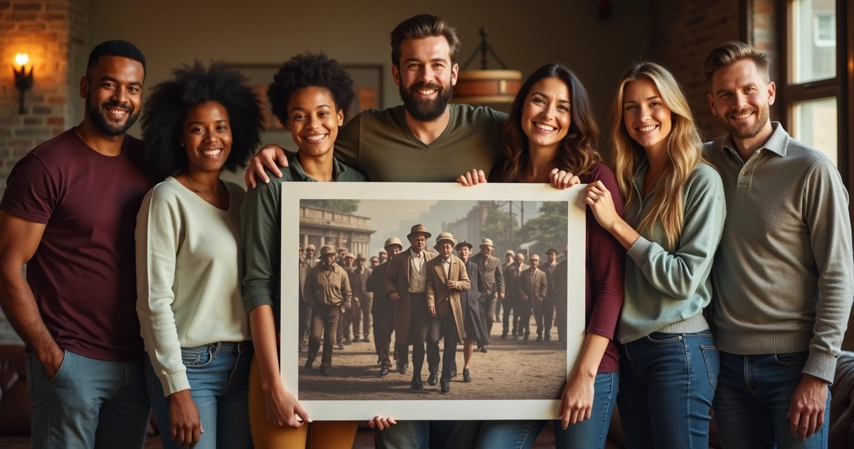 Grupo segurando pôster de filme clássico com expressão de alegria 