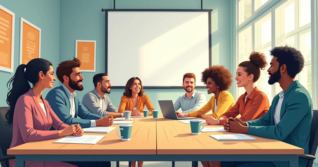 Equipe reunida em mesa de reunião discutindo clima organizacional 
