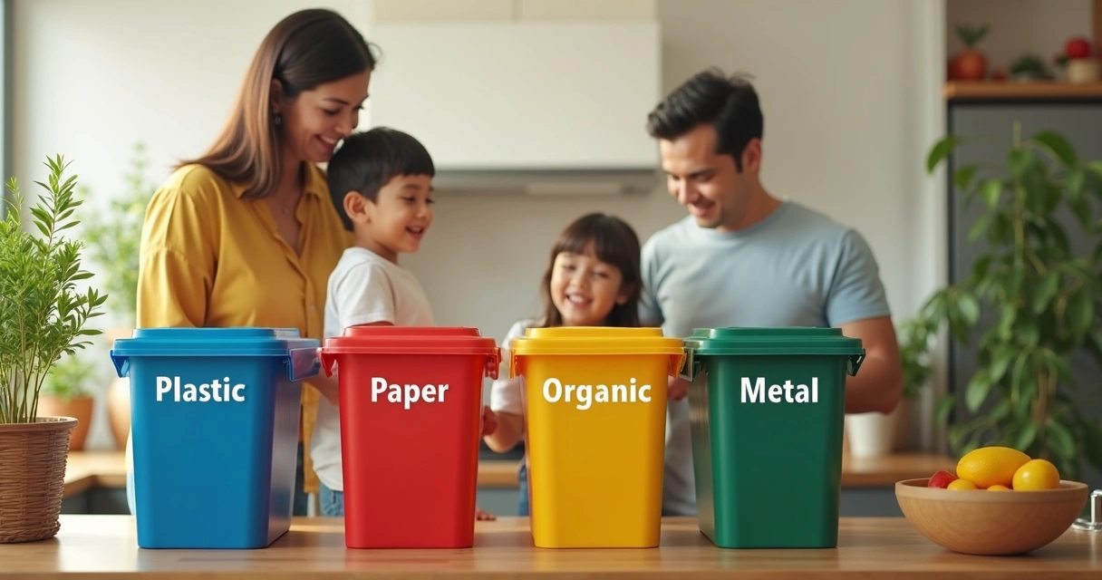Família separando resíduos recicláveis e orgânicos em casa 