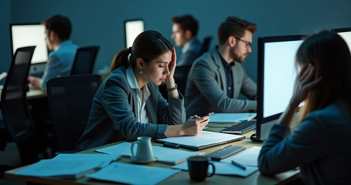 Pessoas com expressões de cansaço sentadas diante de telas em um escritório moderno