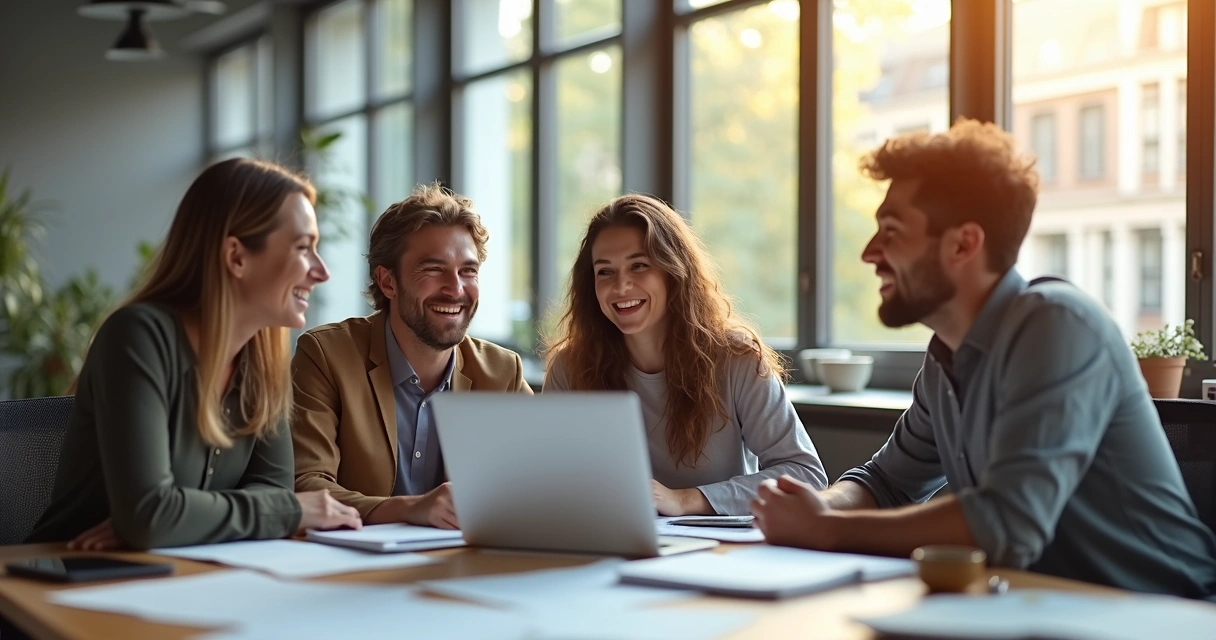 Pessoas sorrindo juntas em ambiente de trabalho 