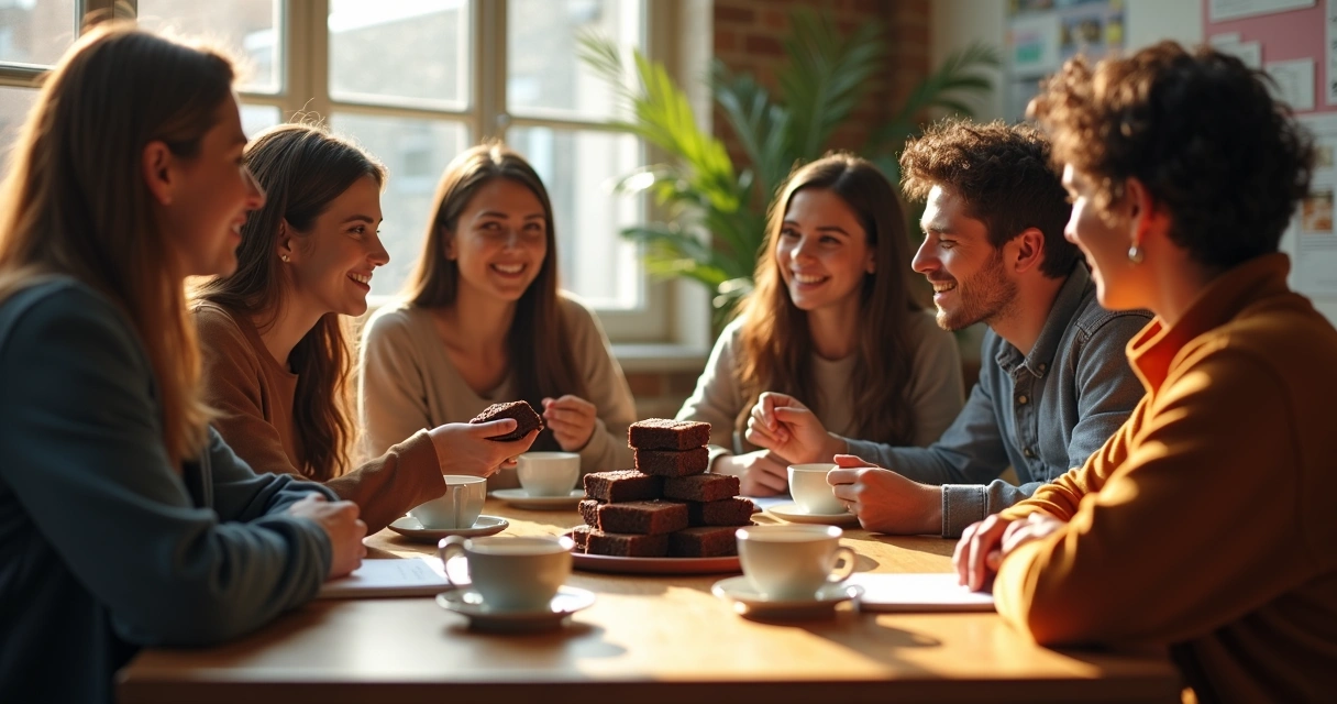 Equipe sorridente compartilhando brownies e café em ambiente de trabalho aconchegante