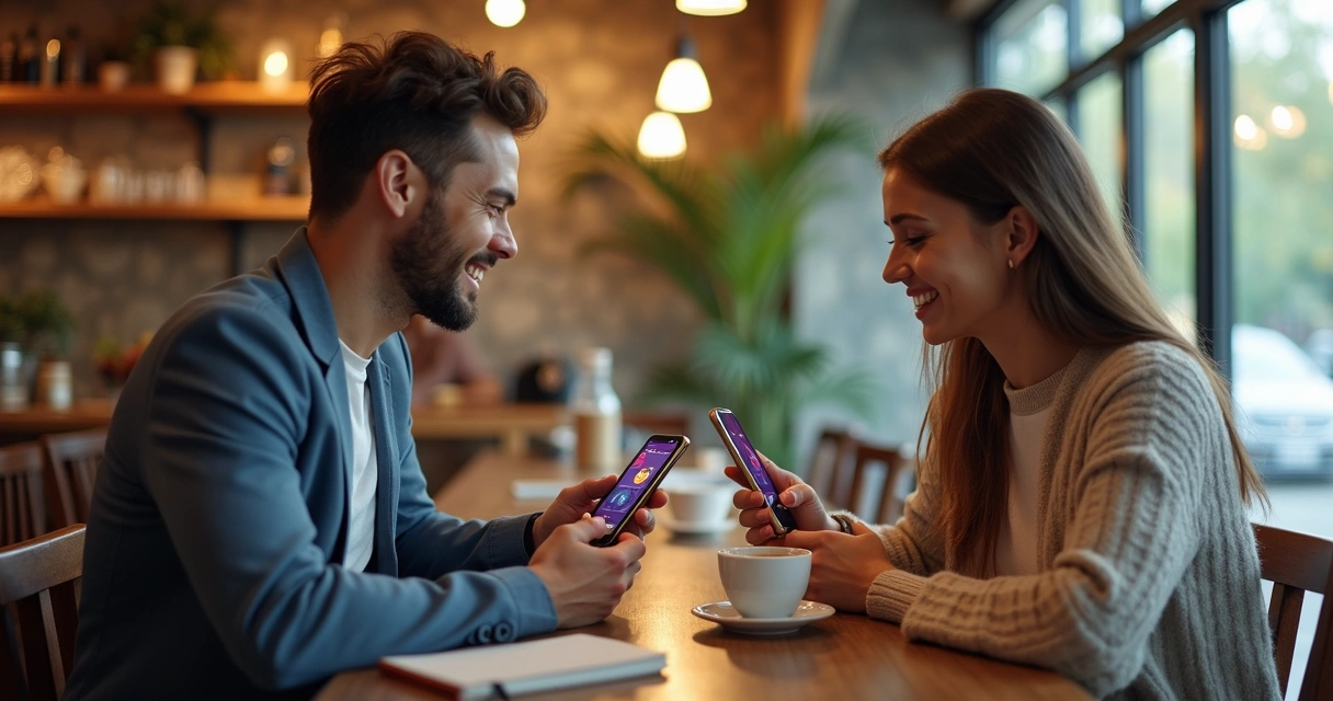 Duas pessoas sorrindo trocando mensagens no celular