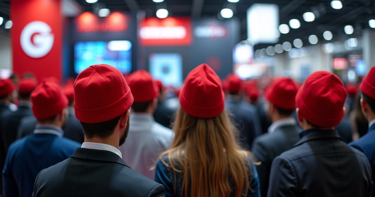 Equipe em evento usando adereço visual marcante 