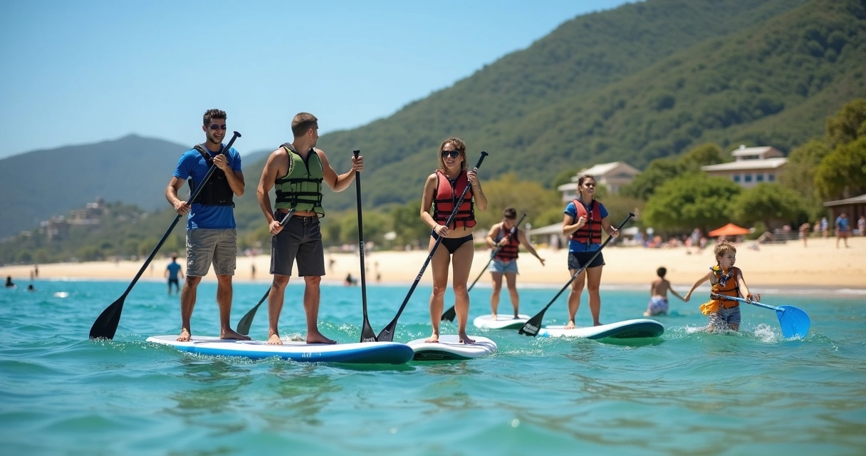 Grupo praticando stand up paddle em águas calmas