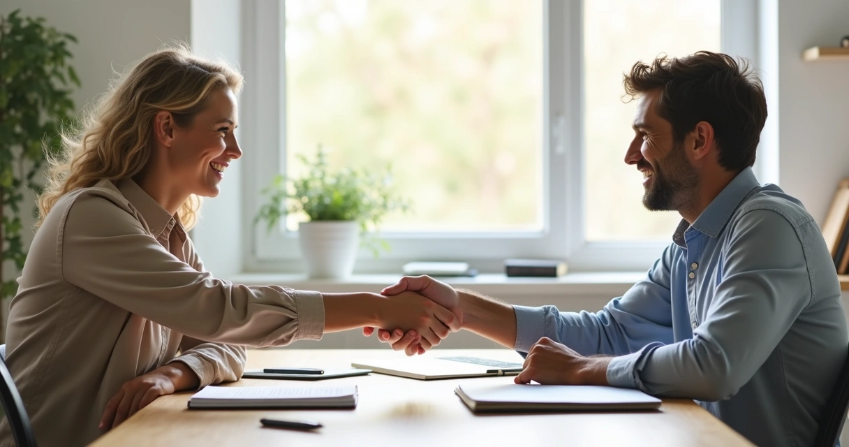 Duas pessoas apertando as mãos após superar inveja e competição 