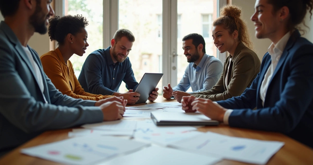 Quatro pessoas sentadas ao redor de uma mesa avaliando juntos documentos e opções do dia a dia 
