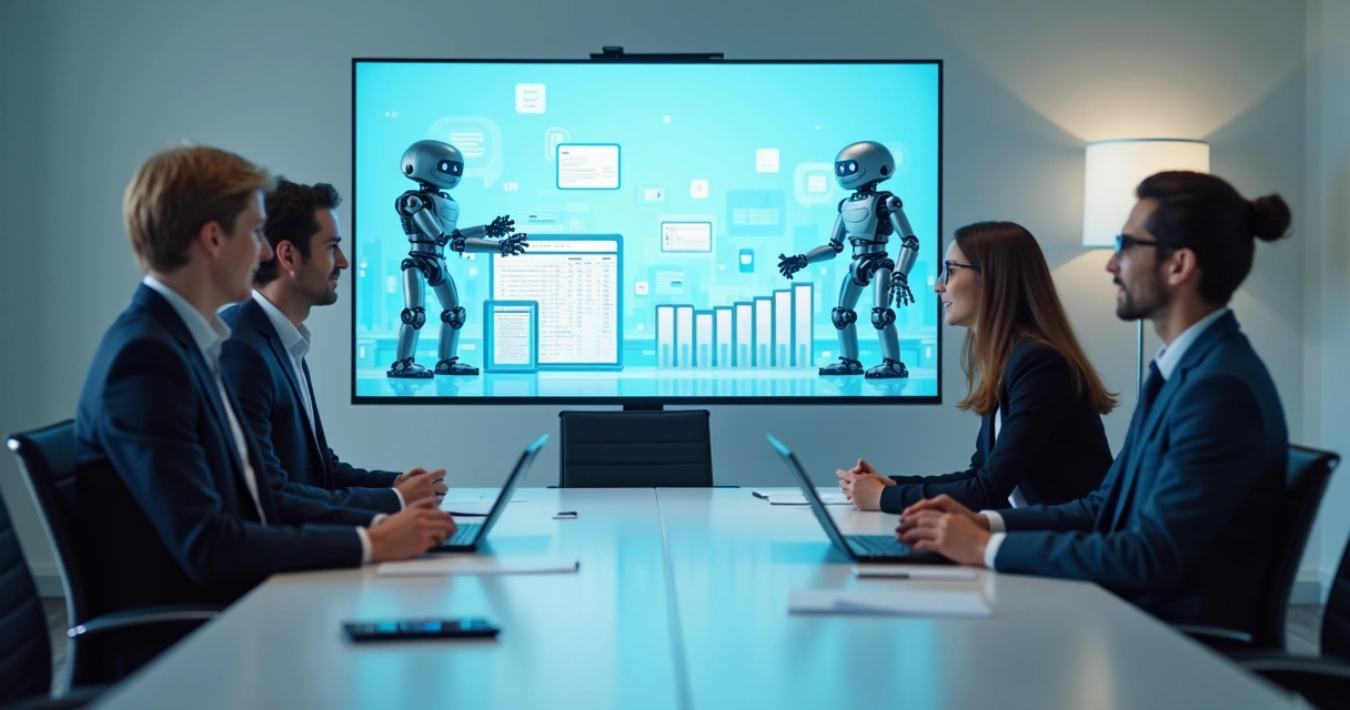 Profissionais contábeis observando tela com robôs digitais atuando 