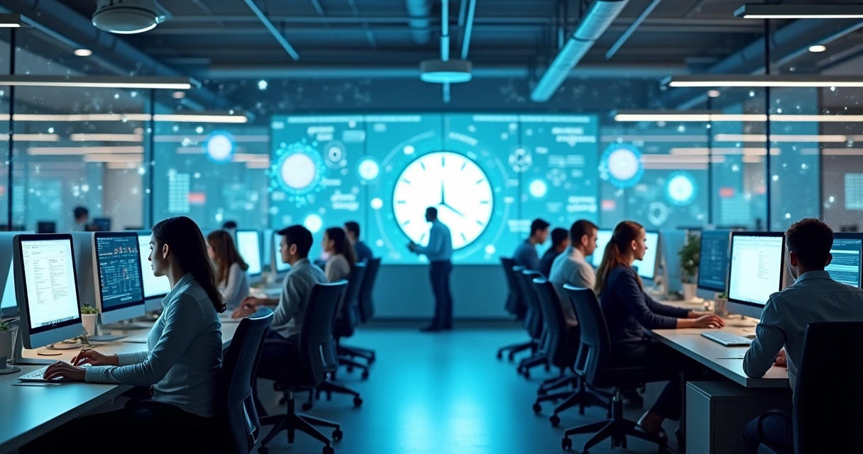 Modern work environment with people using computers, digital artificial intelligence elements appearing on screens 