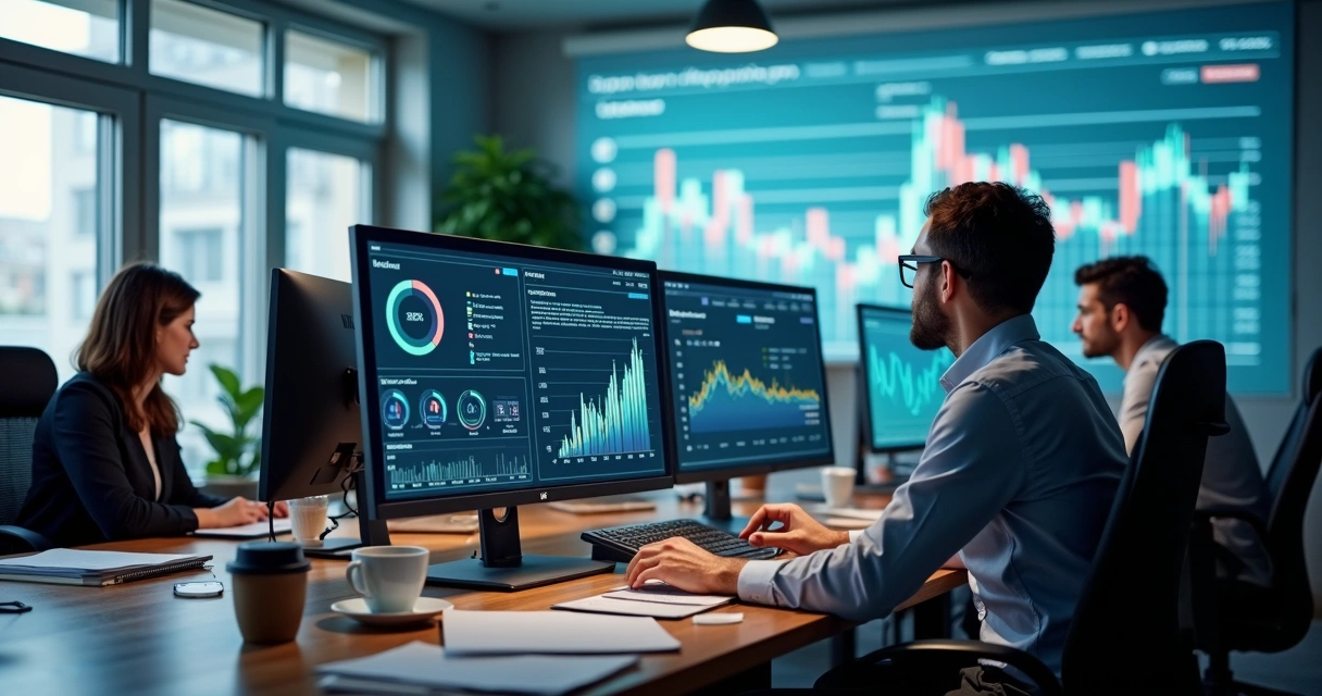 Equipe de escritório em ambiente moderno com computadores e gráfico digital ao fundo 