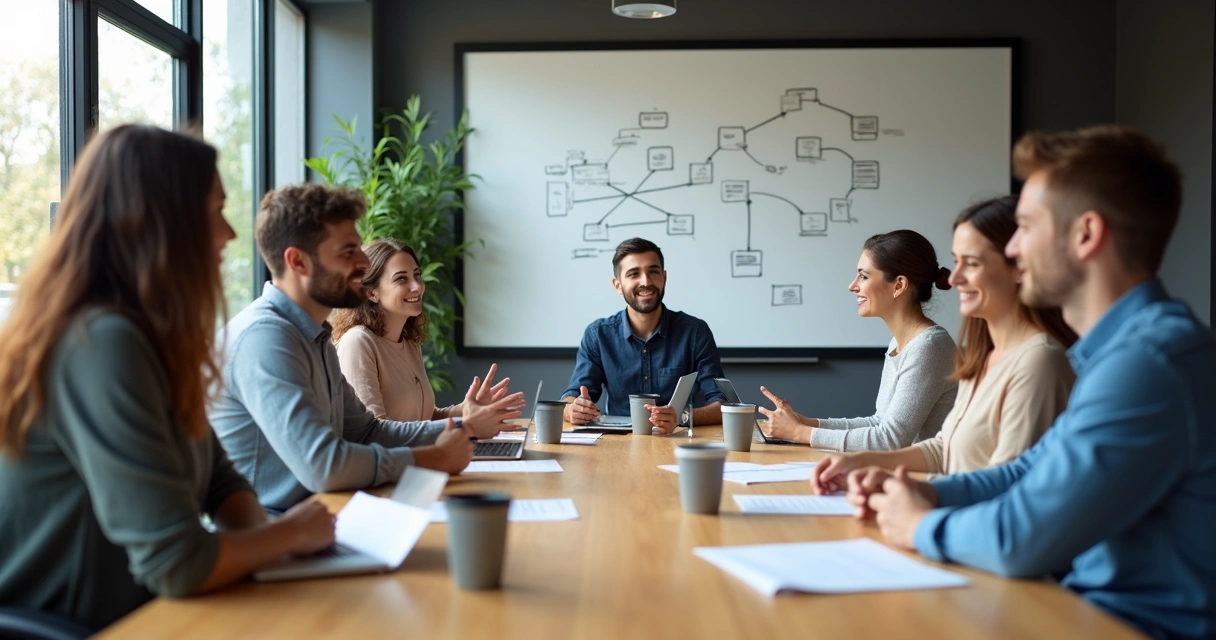 Equipe reunida em mesa interagindo em diálogo aberto 