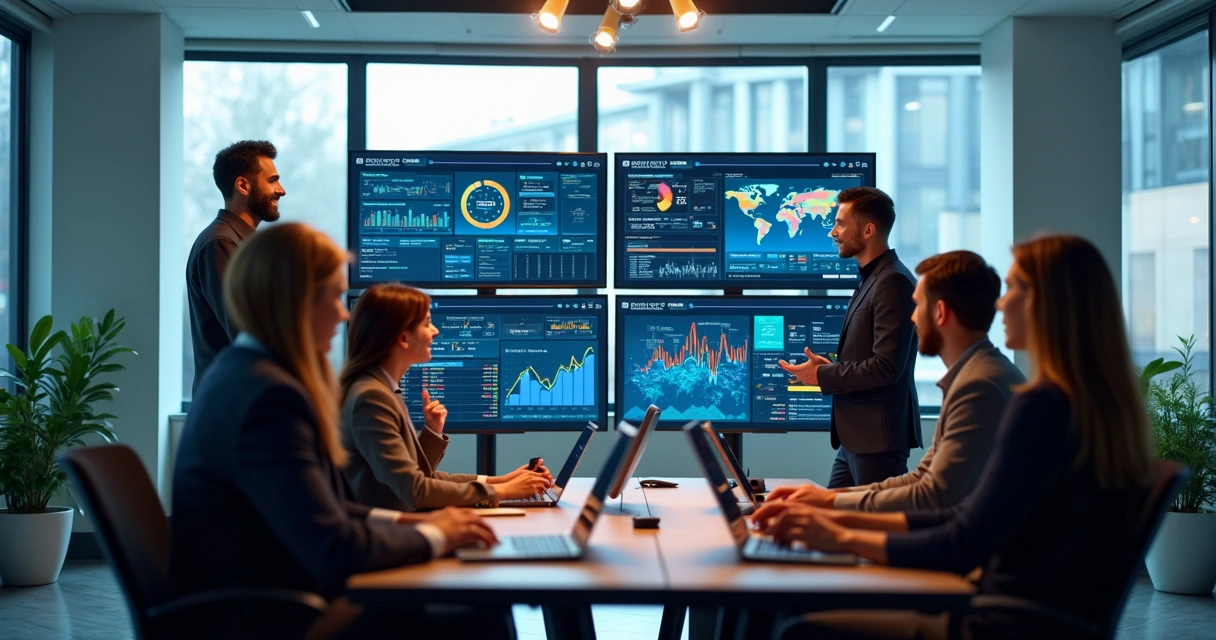 Equipe analisando dados em tela com gráficos coloridos 