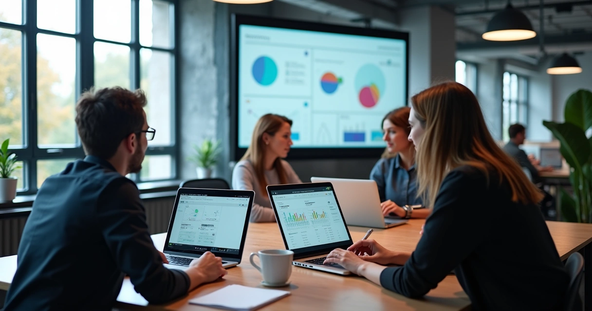 Grupo usa laptops em mesa de coworking projetando landing page 
