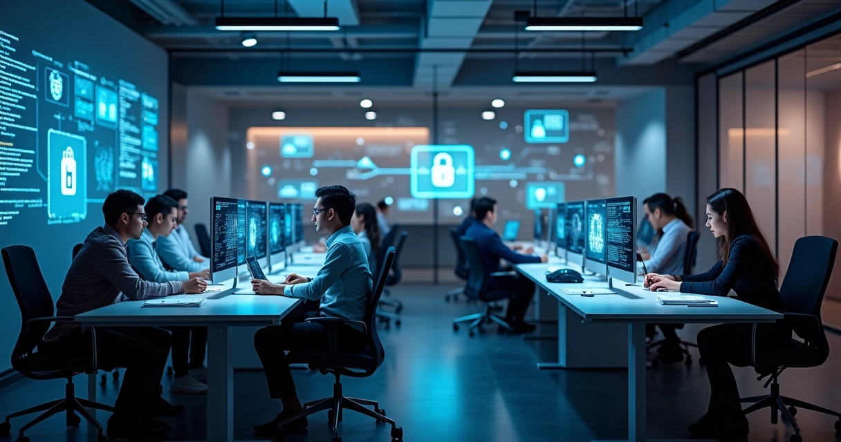 Profissionais em coworking usando rede segura com computadores