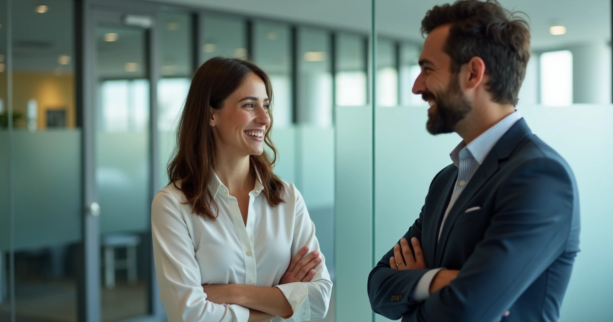 Duas pessoas conversando em ambiente corporativo, expressão aberta 