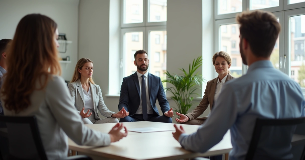 Colegas reunidos ao redor da mesa com expressão de atenção plena 