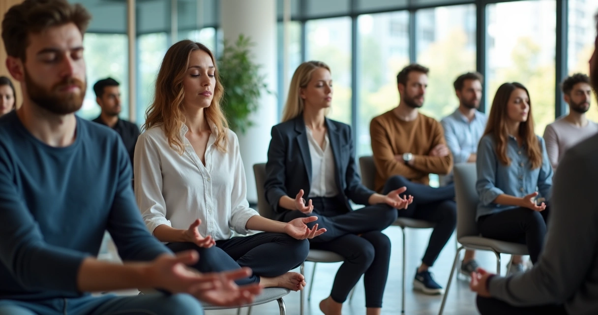 Grupo de pessoas praticando mindfulness em ambiente de trabalho