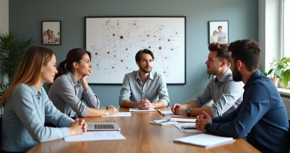Profissionais reunidos em escritório, expressando emoções distintas durante uma reunião 