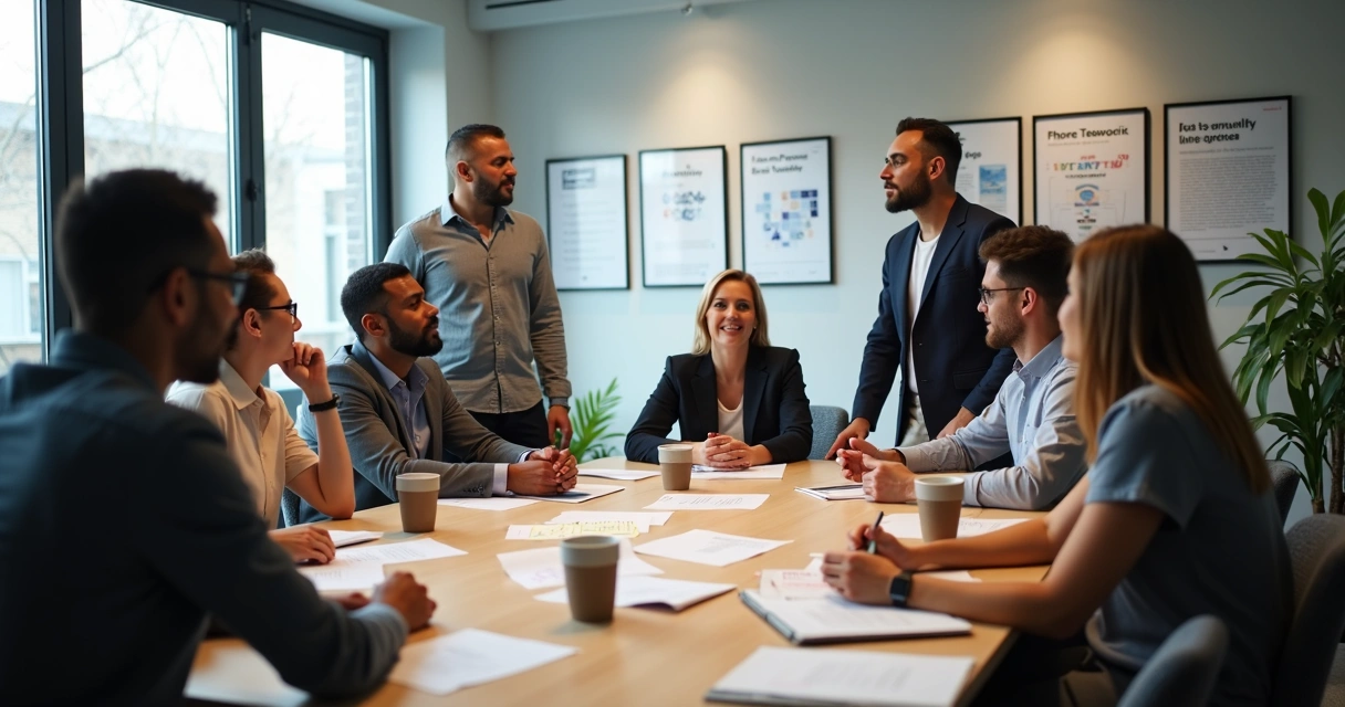 Equipe diversificada reunida em torno de uma mesa de trabalho, discutindo ideias engajadas 