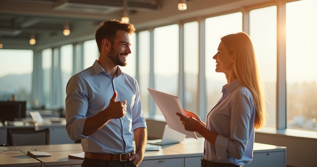 Dois colegas trocando feedback positivo em ambiente de escritório.