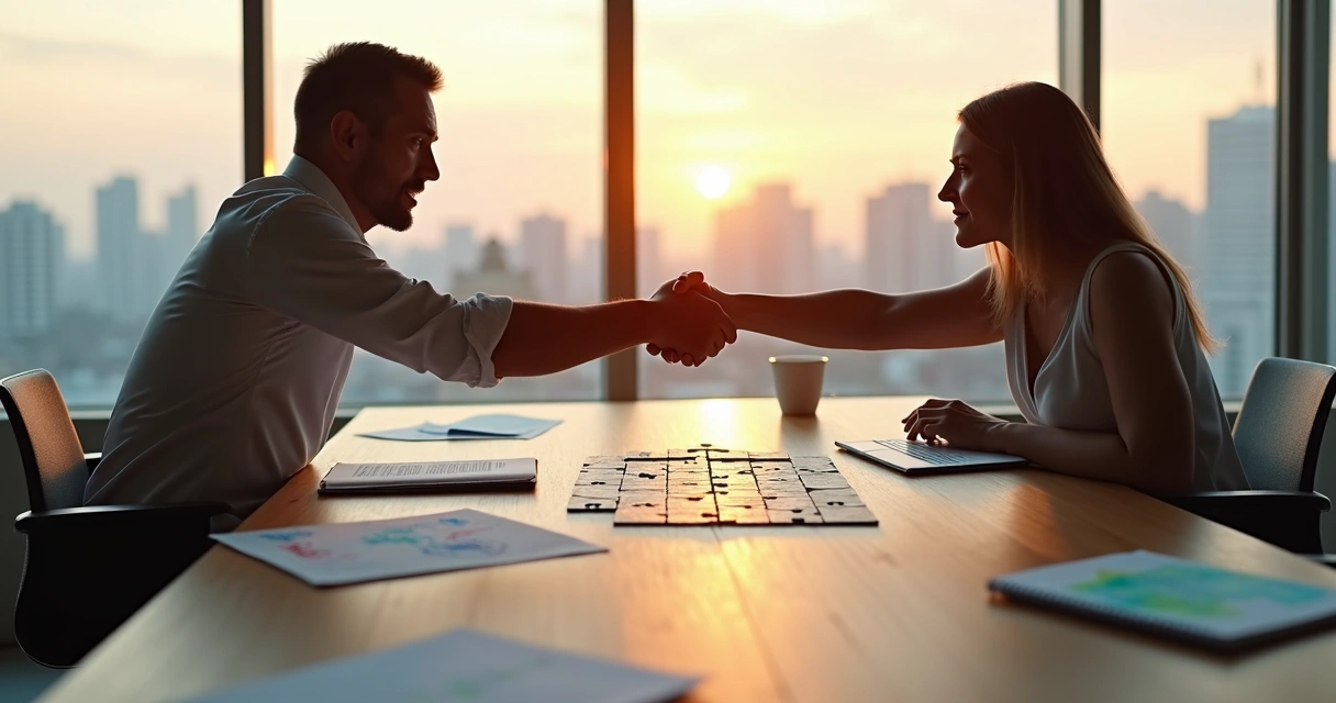 Duas pessoas em lados opostos de uma mesa apertando as mãos sobre um quebra-cabeça montado 