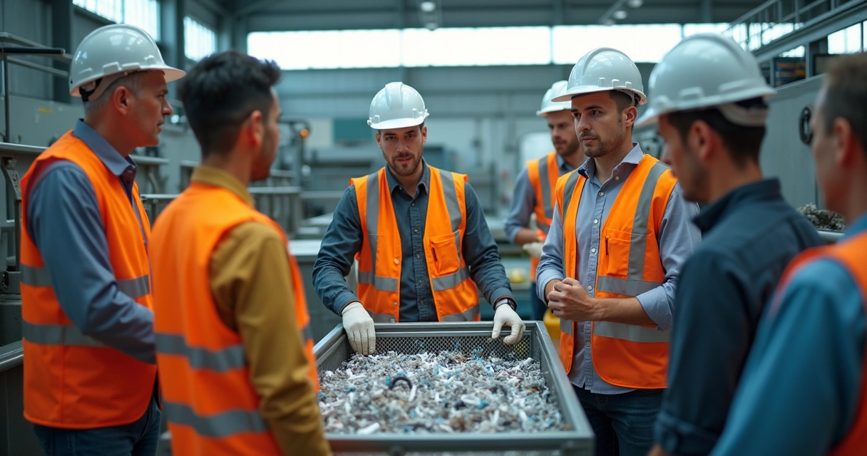 Pessoas reunidas em treinamento sobre reciclagem de cabides em ambiente industrial