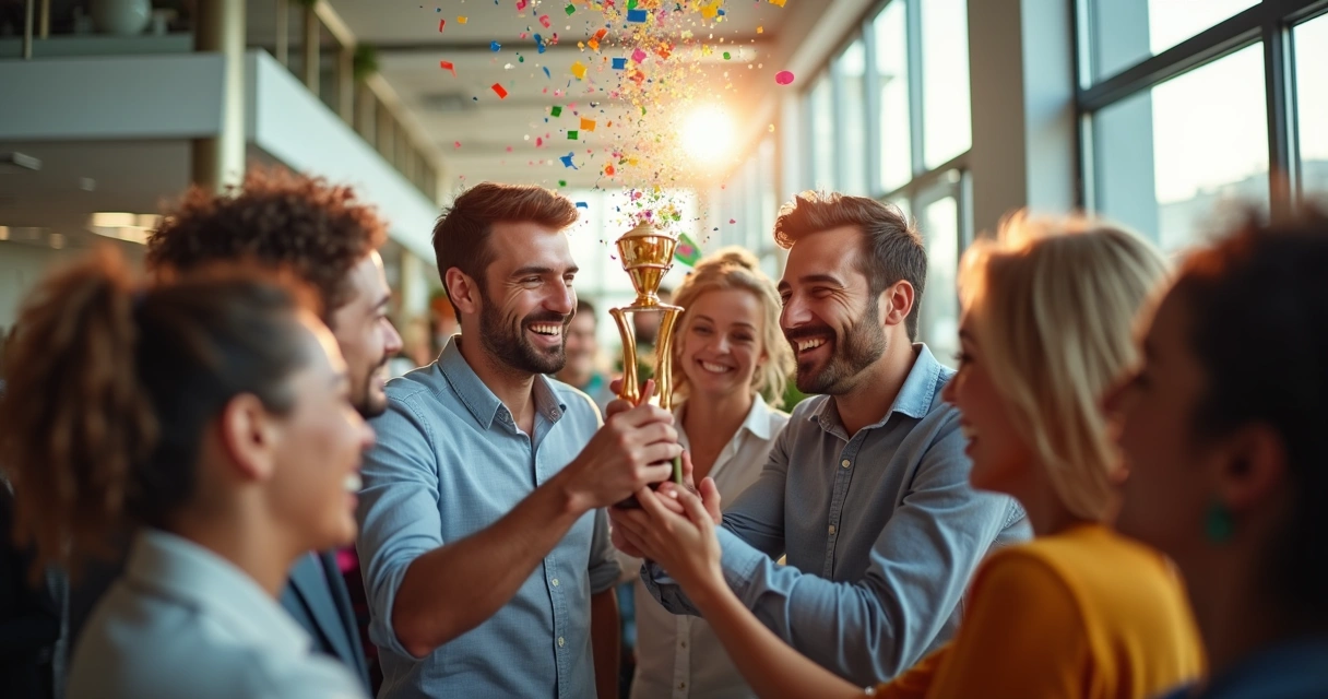 Equipe comemorando prêmio de RH em empresa brasileira 