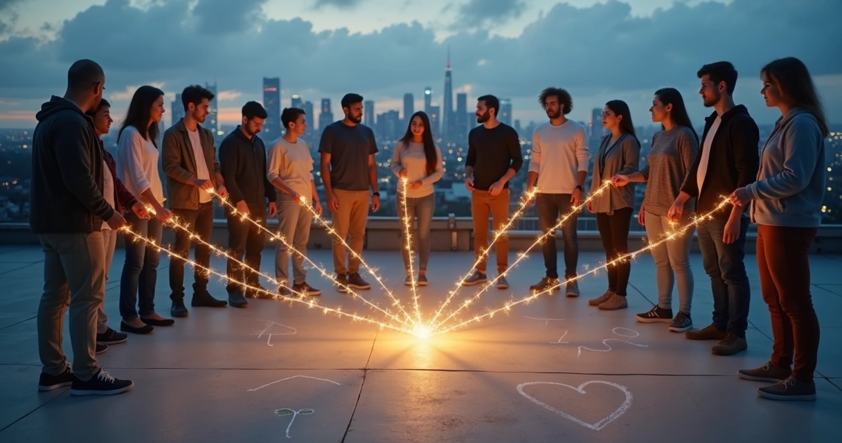 Grupo diverso de pessoas formando círculo conectado por fios de luz 