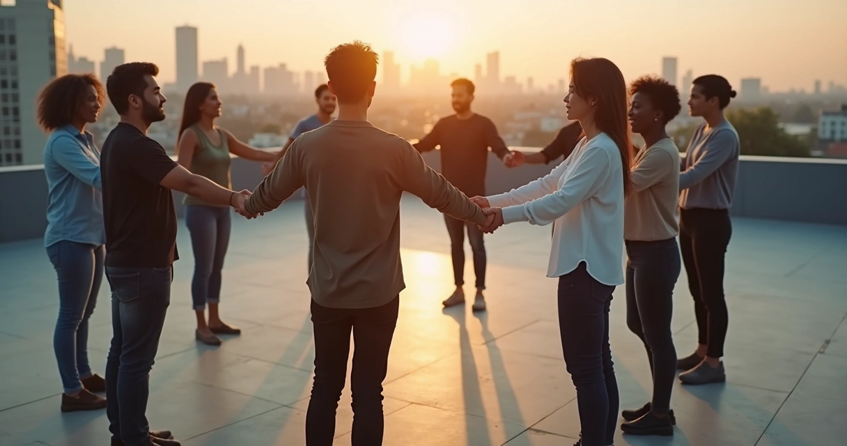 Grupo diverso em círculo unindo as mãos no centro 