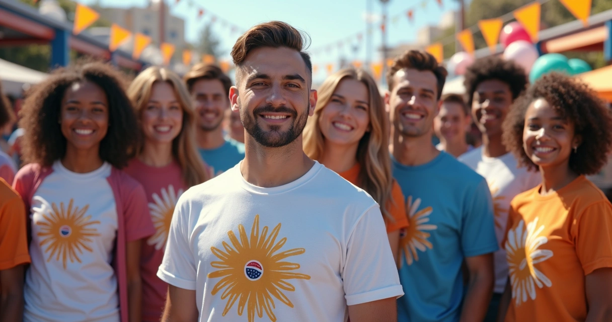 Grupo de pessoas sorrindo em evento usando camisetas coloridas e personalizadas 