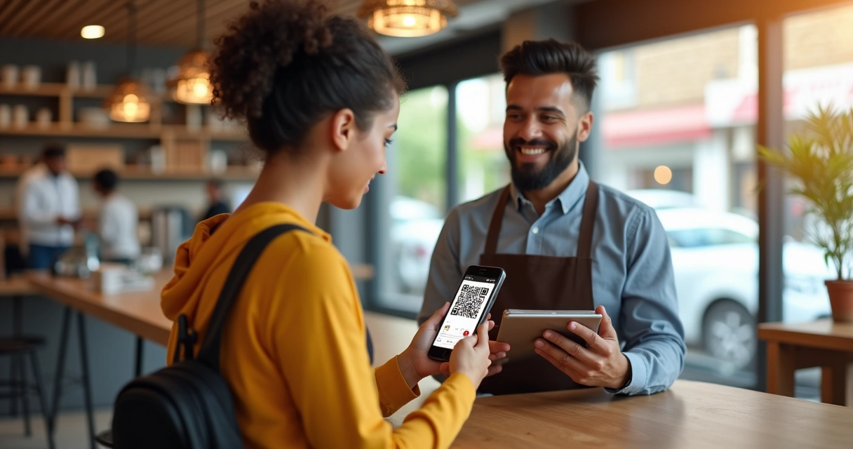 Cliente escaneando QR Code de cartão fidelidade em cafeteria 