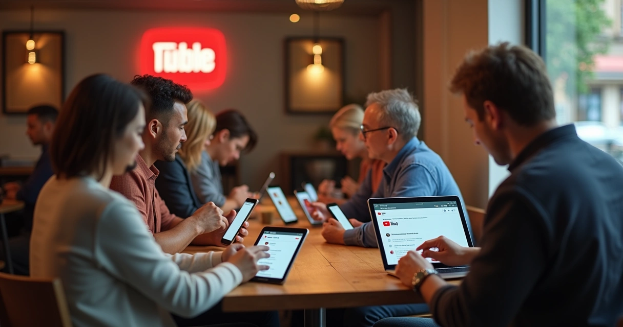 Usuários navegando no YouTube em celulares numa cafeteria 