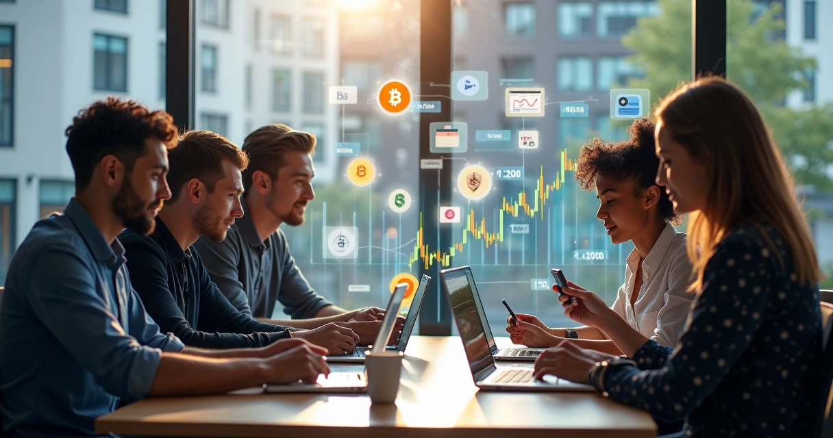 Pessoas usando celular para transações com criptomoedas, gráficos digitais no fundo 