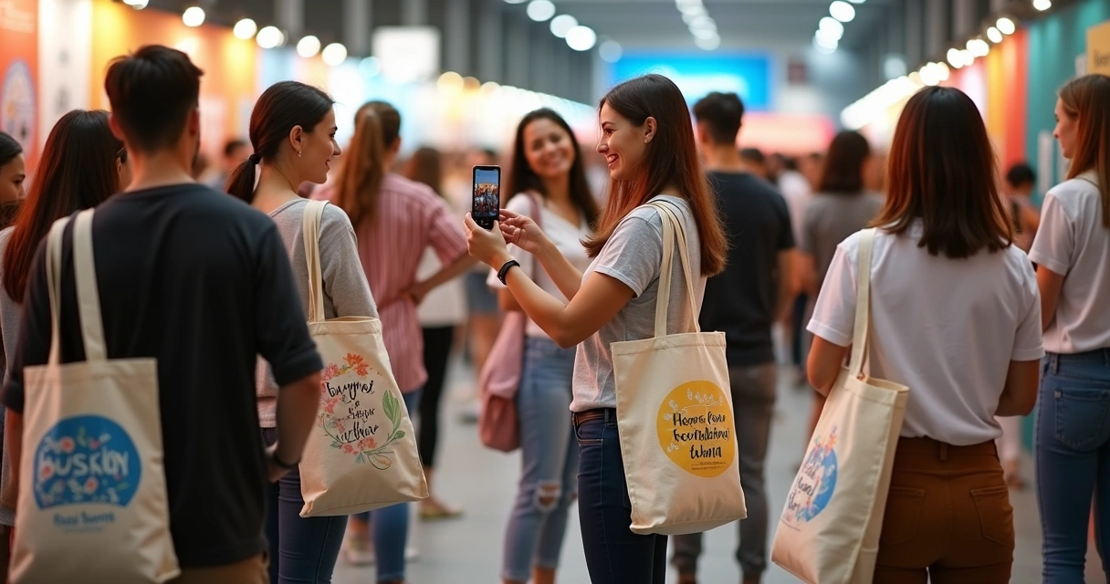 Grupo de pessoas usando ecobags personalizadas em evento 
