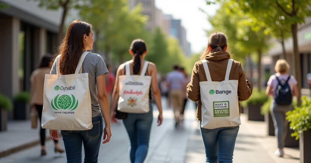 Grupo diverso utilizando ecobags personalizadas no cotidiano 
