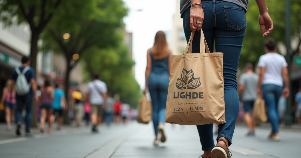 Pessoa caminhando em Curitiba usando ecobag ecológica com logo 