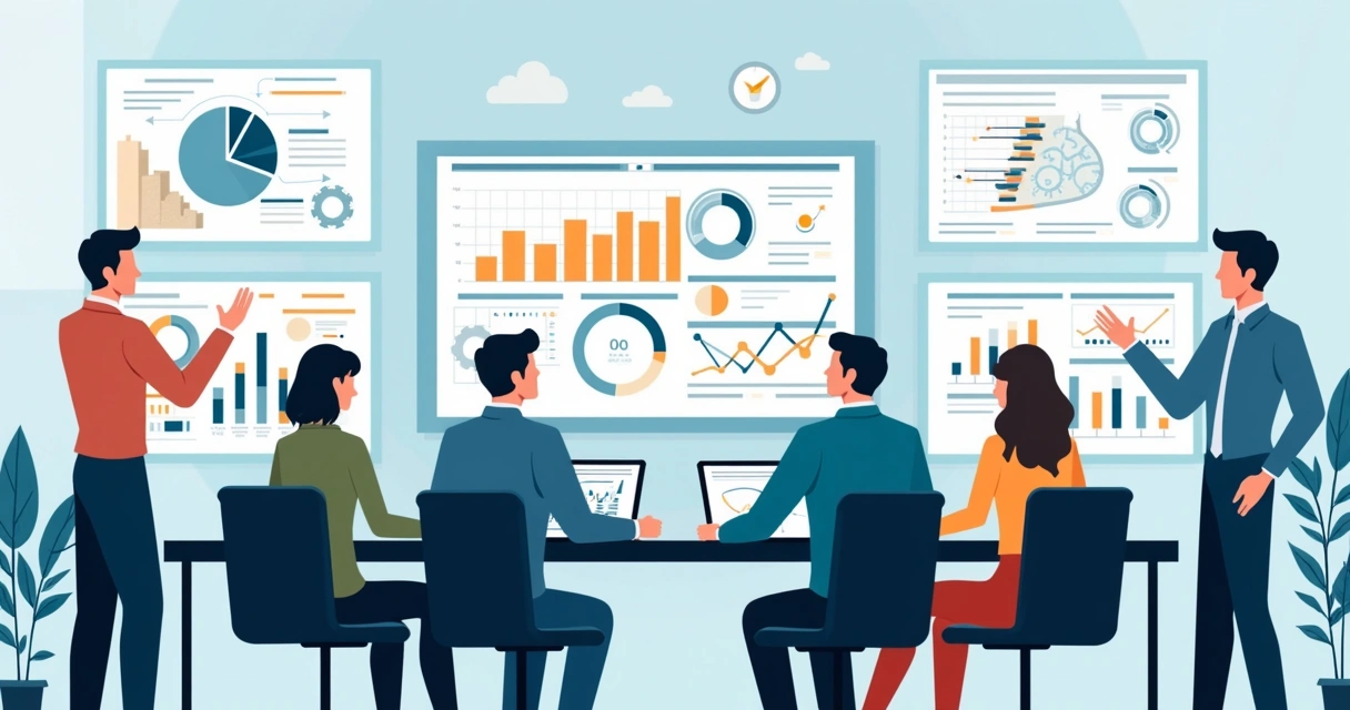 Profissionais analisando dados de inteligência artificial em telas digitais 