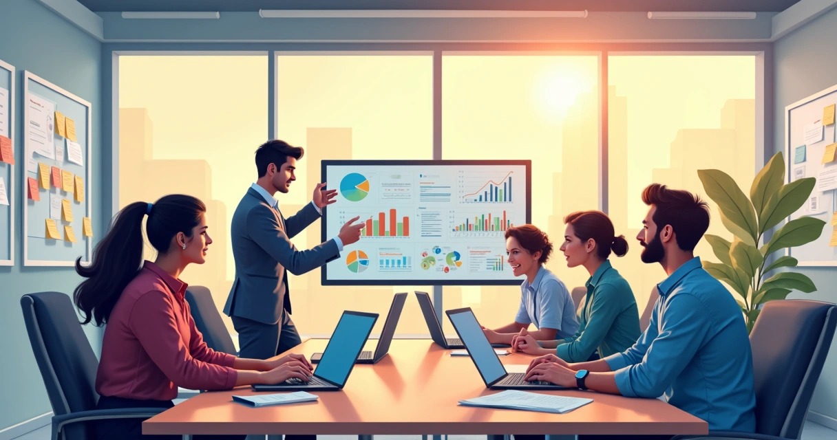 Profissionais em escritório utilizando inteligência artificial em computadores 
