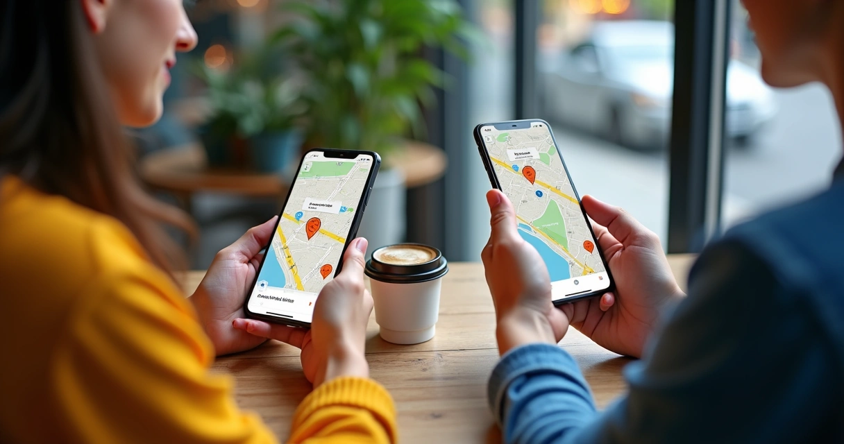 Pessoas utilizando smartphone para buscar empresas locais próximas em um aplicativo de mapas