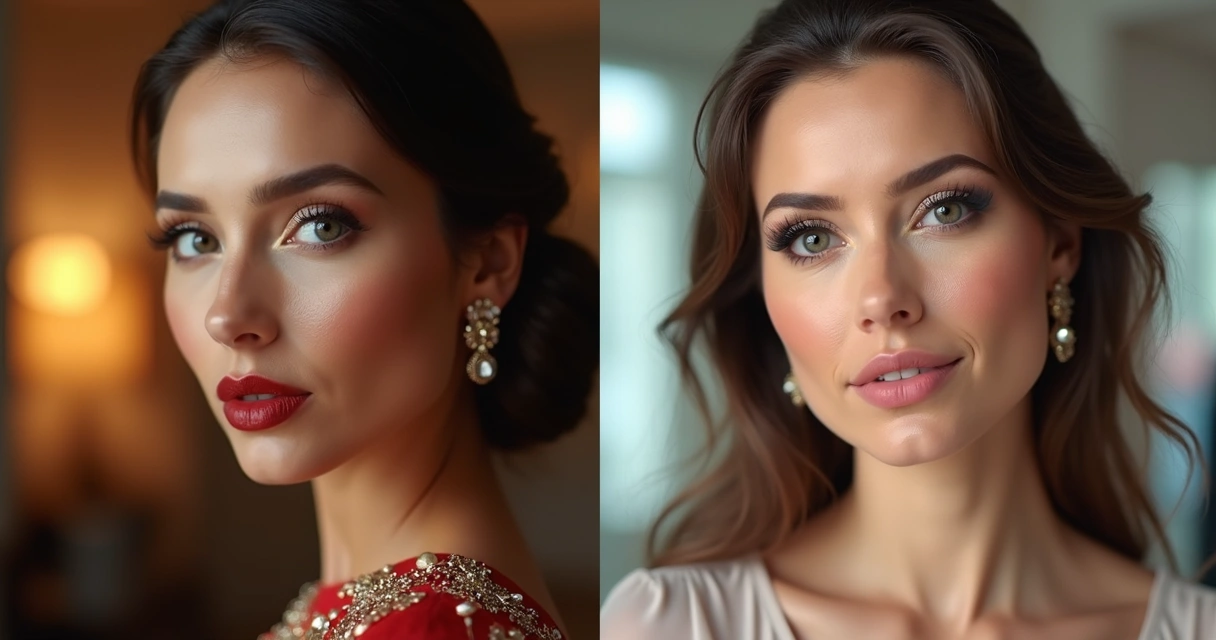 Mulheres usando maquiagem em diferentes ambientes, uma em evento noturno e outra em ambiente de trabalho 