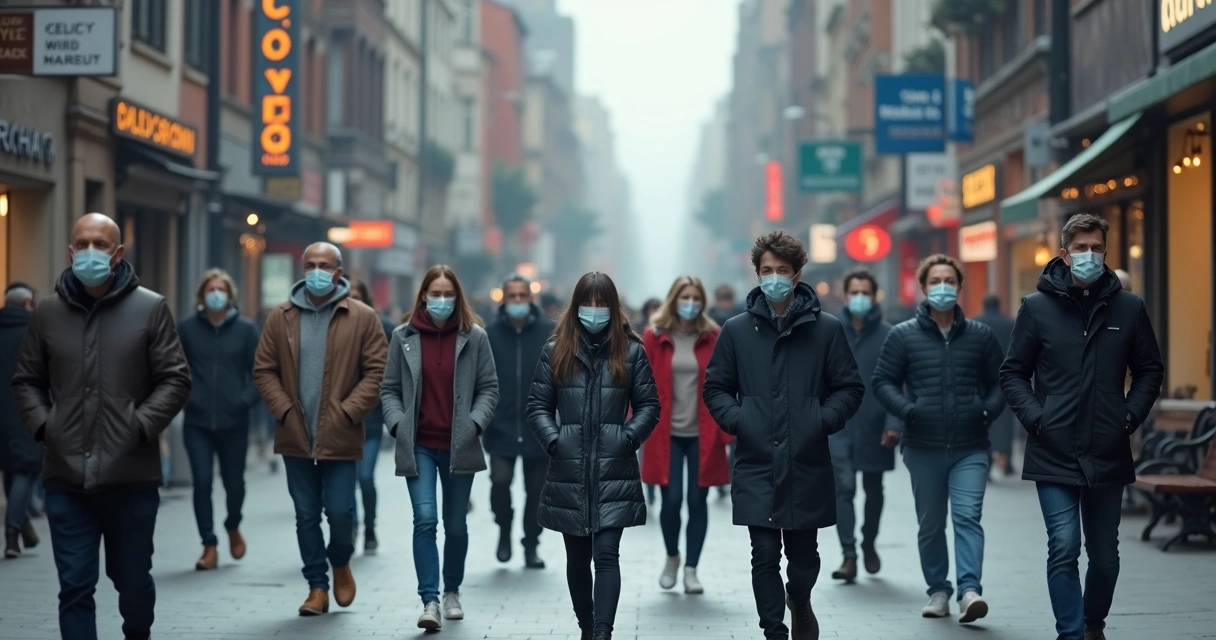Pessoas caminhando na rua usando máscaras 