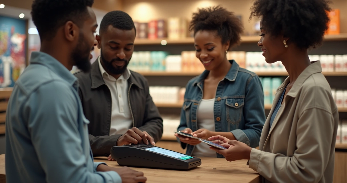 Pessoas realizando pagamentos por aproximação com cartão e smartphone 
