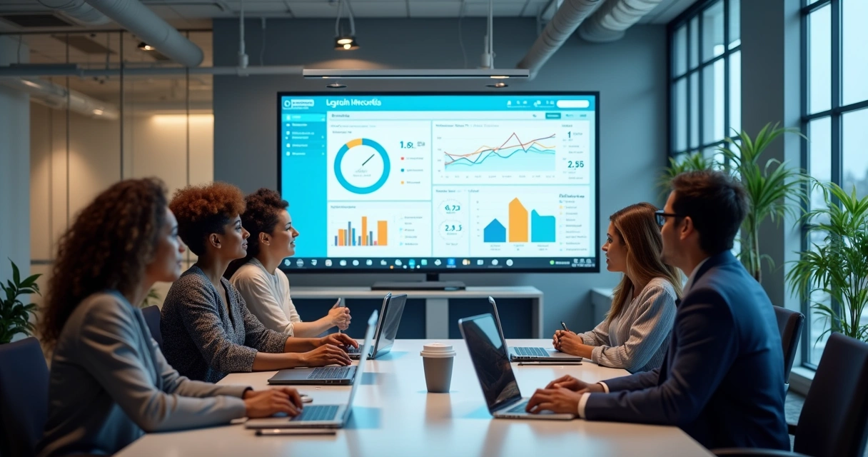 Equipe analisando juntos dados em dashboard de plataforma de RH integrada 