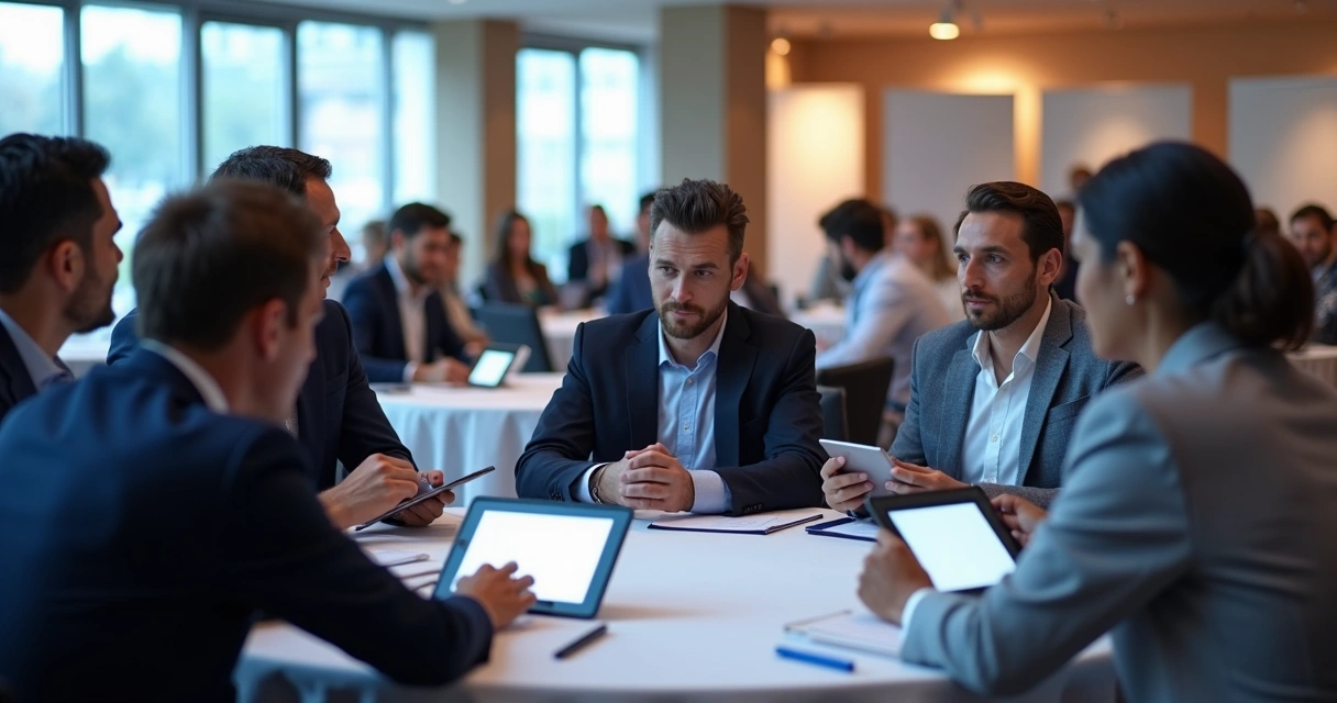 Participantes em um evento corporativo usando tablets em mesas 