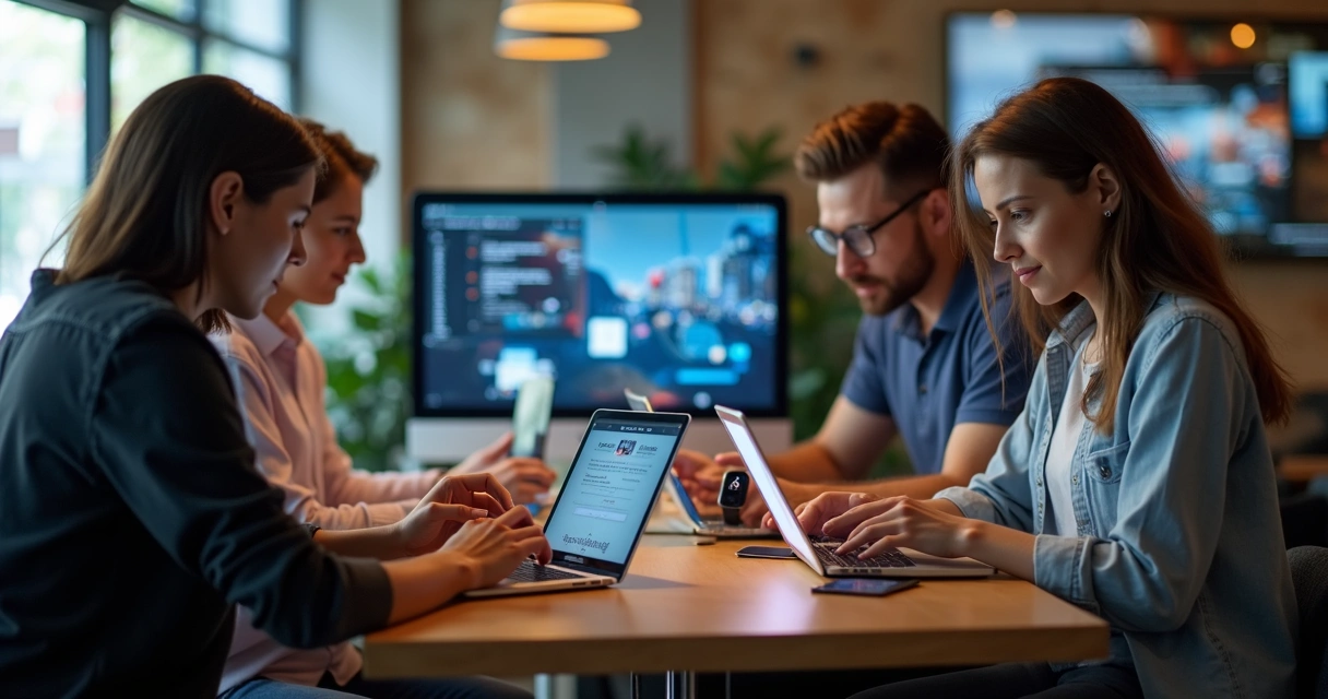 Grupo de pessoas cada uma usando vários dispositivos eletrônicos ao mesmo tempo 