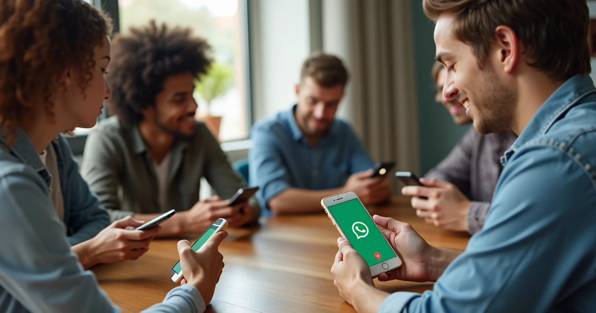Diversas pessoas diferentes segurando celulares com a tela do WhatsApp aberta, em uma mesa. 
