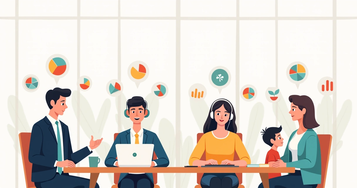 Grupo representando diferentes personas em reunião 