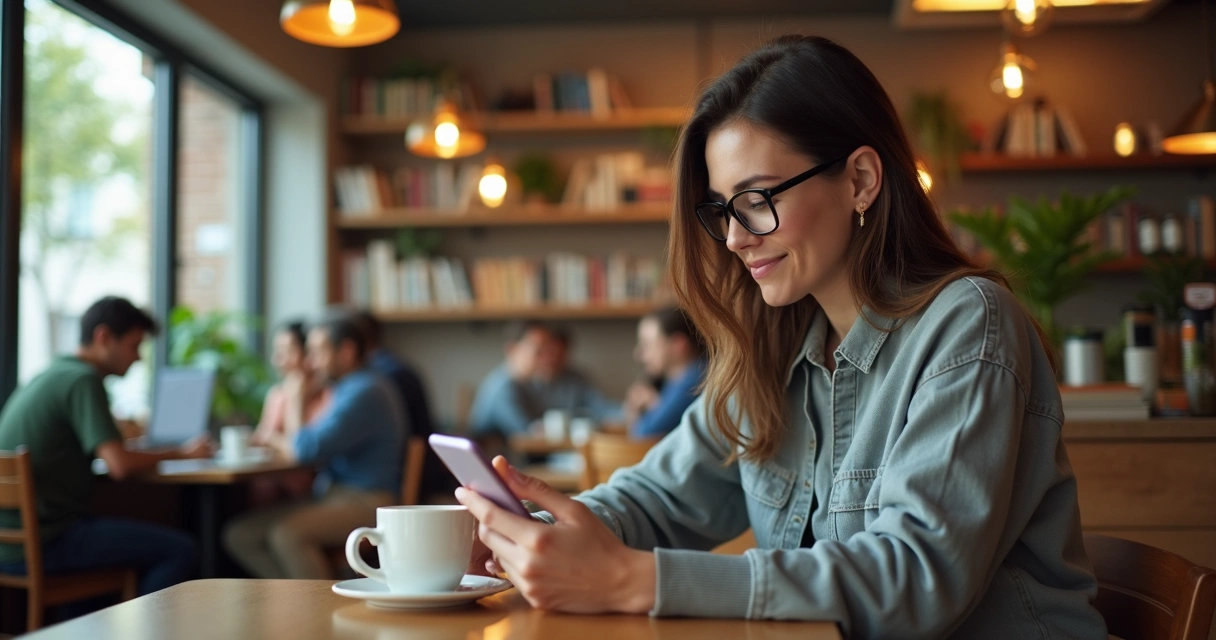 Mulher sentada em uma cafeteria olhando para tela do celular com expressão de alívio enquanto consulta transações financeiras 