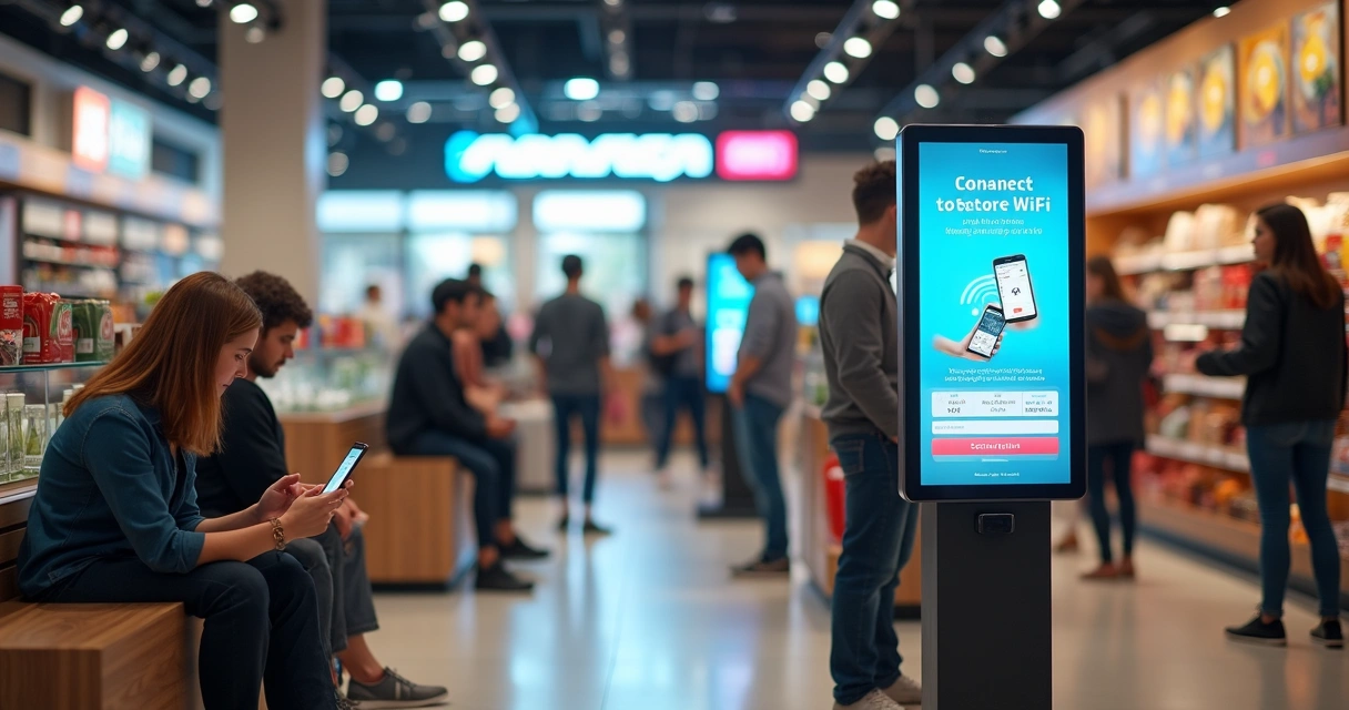 Clientes circulando em loja enquanto banners digitais de Wi-Fi marketing aparecem nas telas de cadastro 