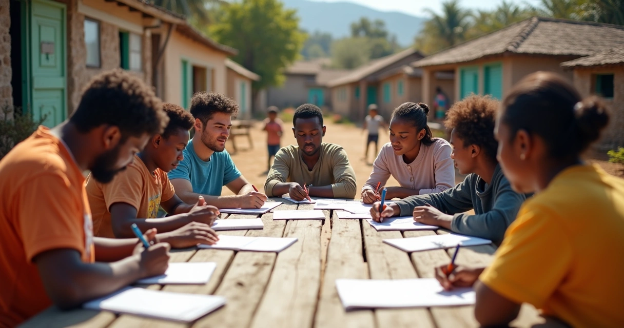 Voluntários sentados anotando dados em cadernos durante atividade comunitária 